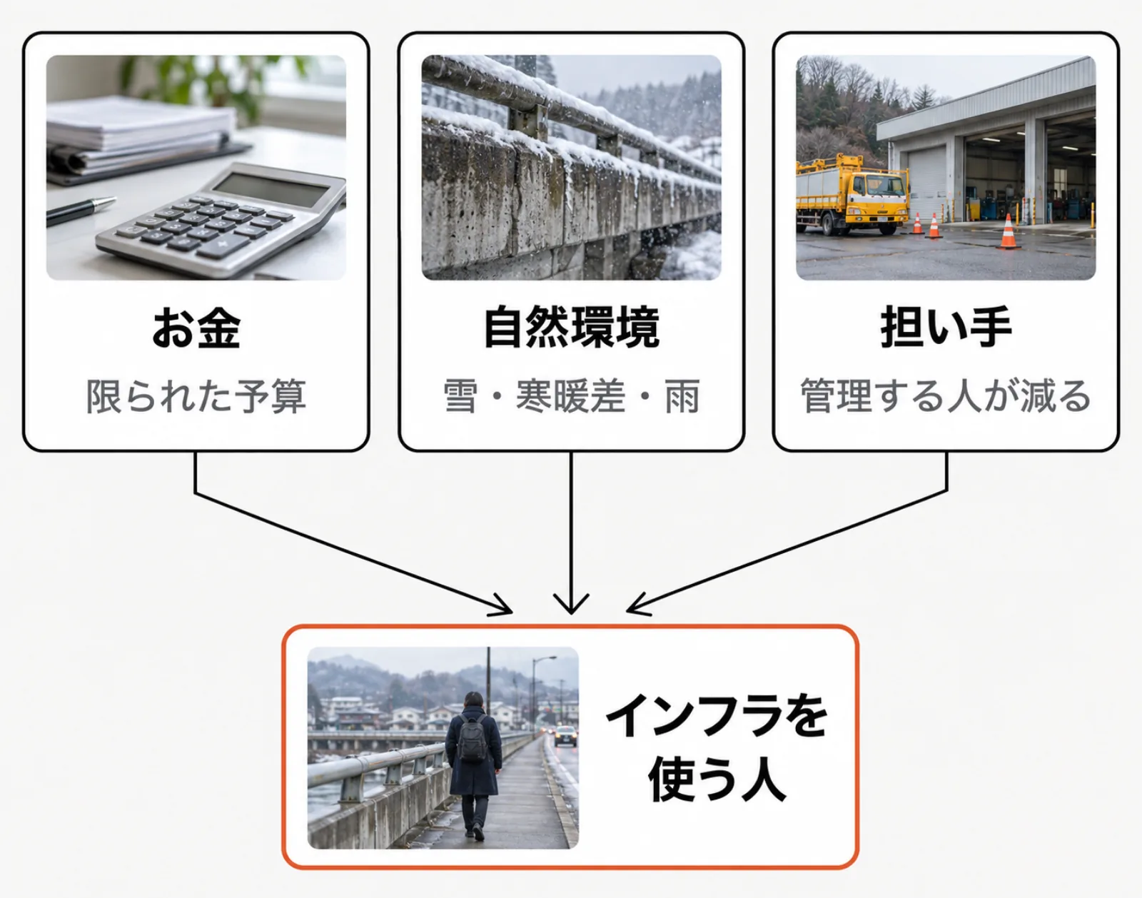 お金（限られた予算）、自然環境（雪・寒暖差・雨）、担い手（管理する人が減る）の三つの矢印が、下の「インフラを使う人」の箱に集まっている