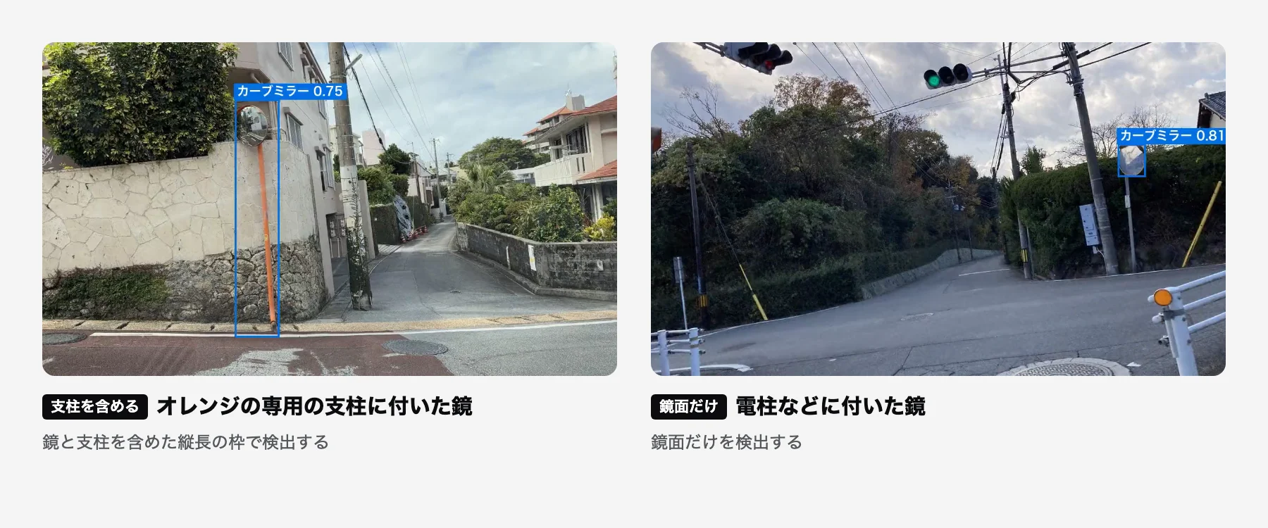 左はオレンジの支柱に付いた鏡を支柱ごと縦長の枠で囲んだ例、右は電柱の横の鏡を鏡だけ囲んだ例