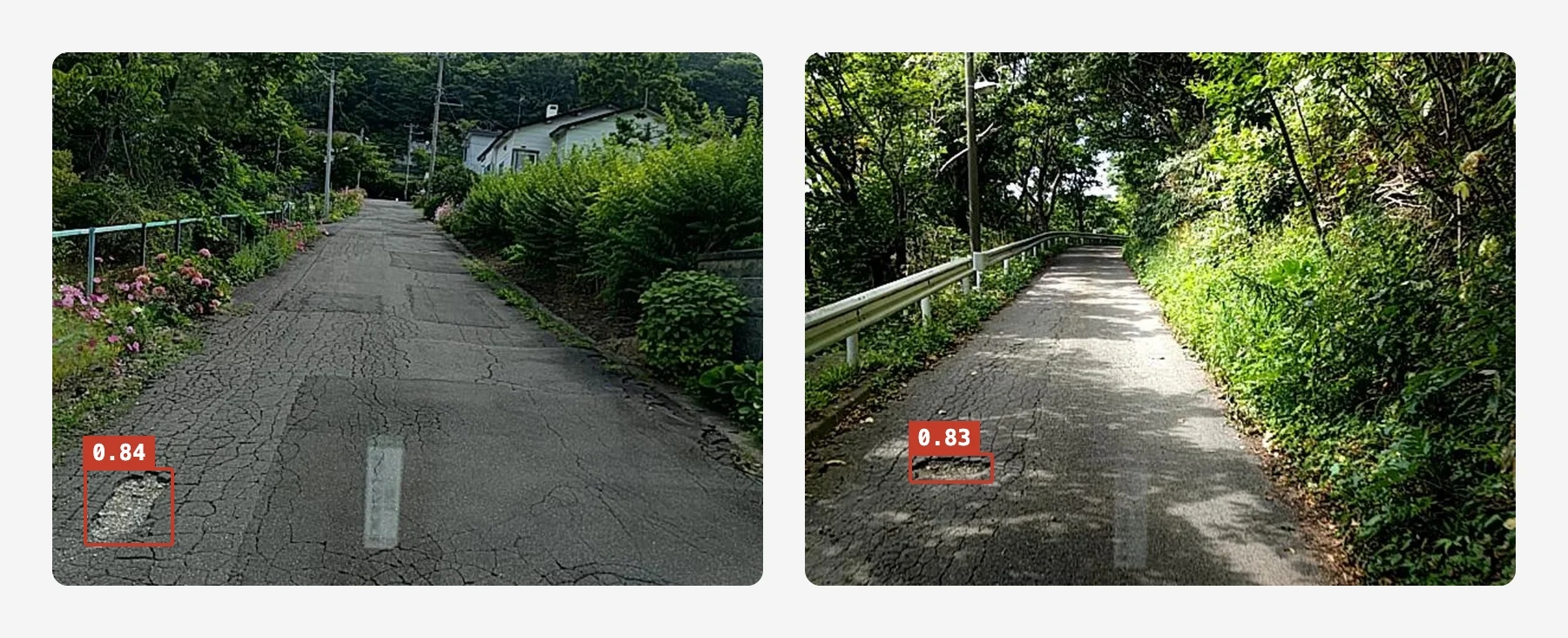 ひび割れの多い細い道の穴と、木陰の細い道の穴が、赤い枠で囲まれ、0.84と0.83のスコアが付いている
