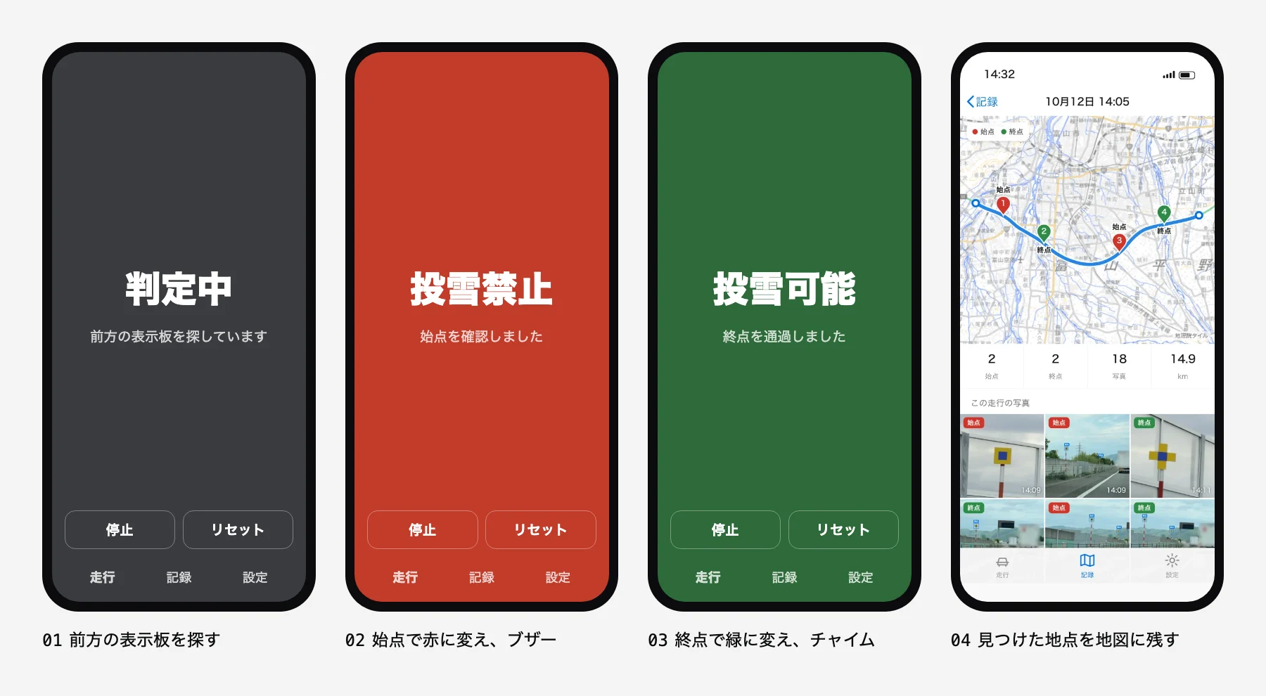 アプリの画面のイメージ4枚。判定中(灰)、投雪禁止(赤)、投雪可能(緑)、走行の記録の地図