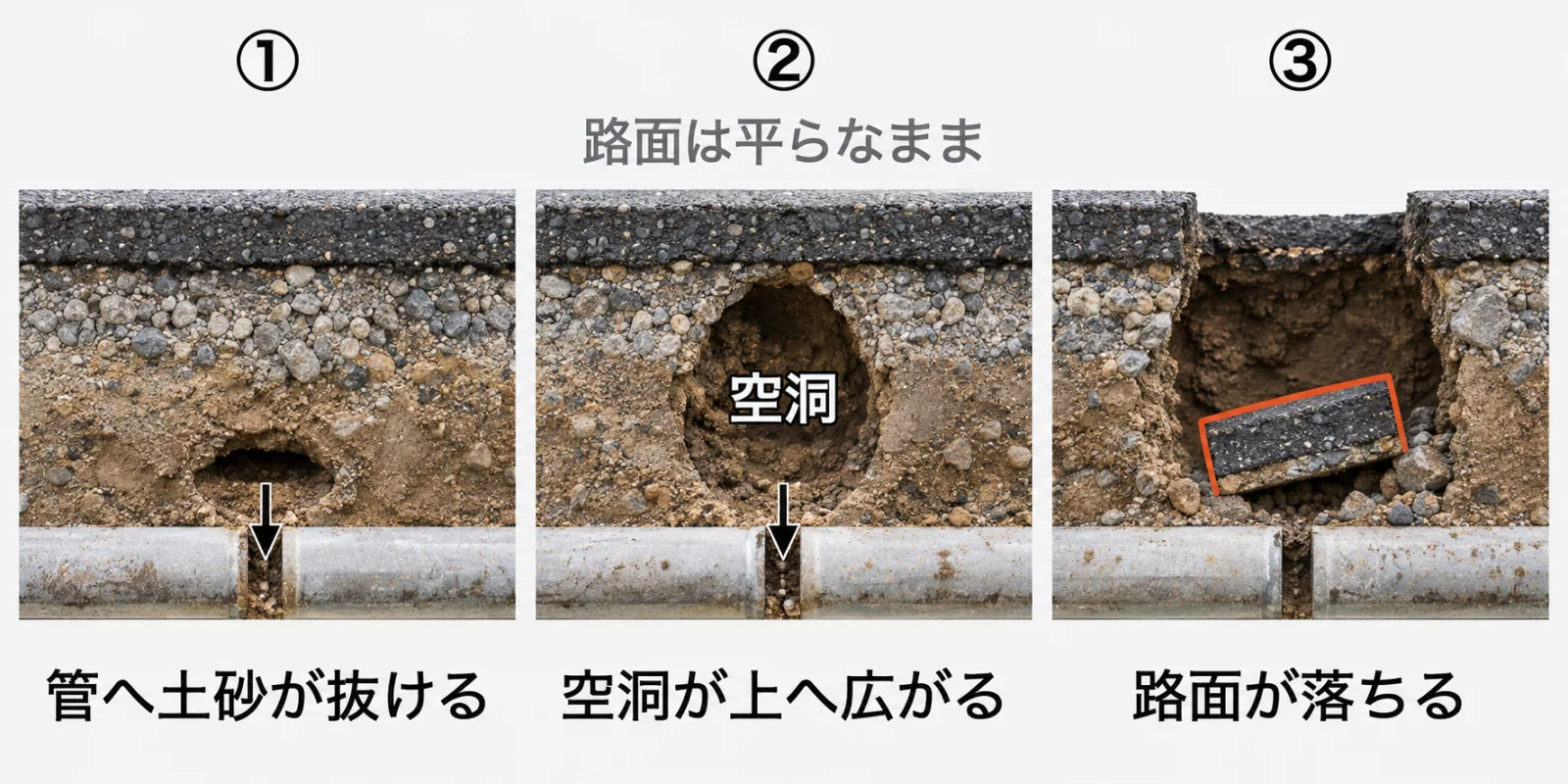 道路陥没が進む3つの段階の断面。1、地中の管の継ぎ目から土砂が管の中へ抜け、小さな空洞ができる。2、空洞が上へ広がるが、路面は平らなままで外からは分からない。3、路面が支えを失って空洞の中へ落ちる。