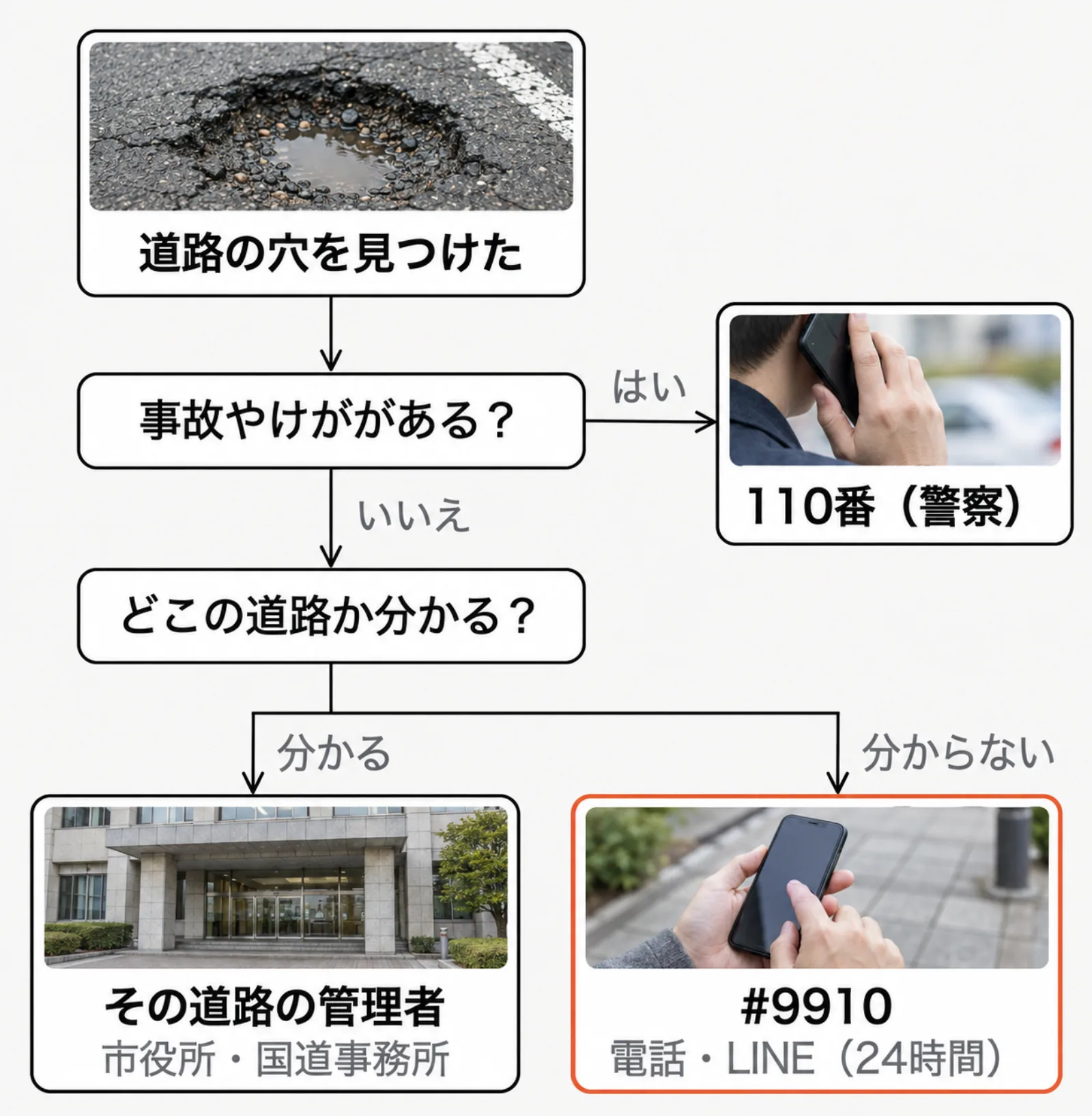 道路の穴を見つけたときの連絡先の選び方。事故やけががあれば110番。なければ、どこの道路か分かるときはその道路の管理者（市役所や国道事務所）に、分からないときは道路緊急ダイヤル#9910に電話かLINEで伝える。