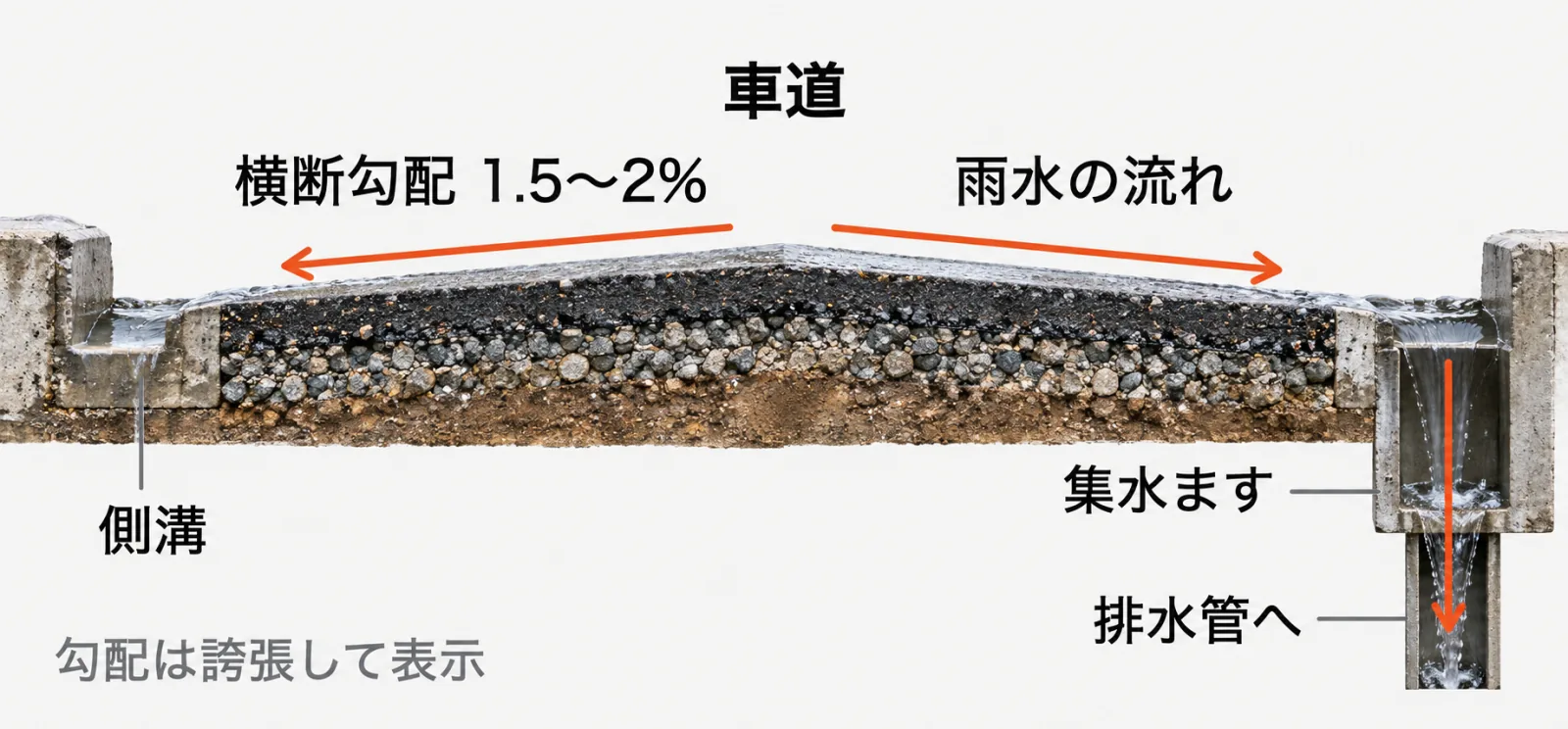 道路の横断面図。車道は中央が少し高く、左右に1.5〜2%の横断勾配が付いている。雨水は車道の中央から両端へ流れ、端の側溝に集まり、集水ますから排水管へ流れる。