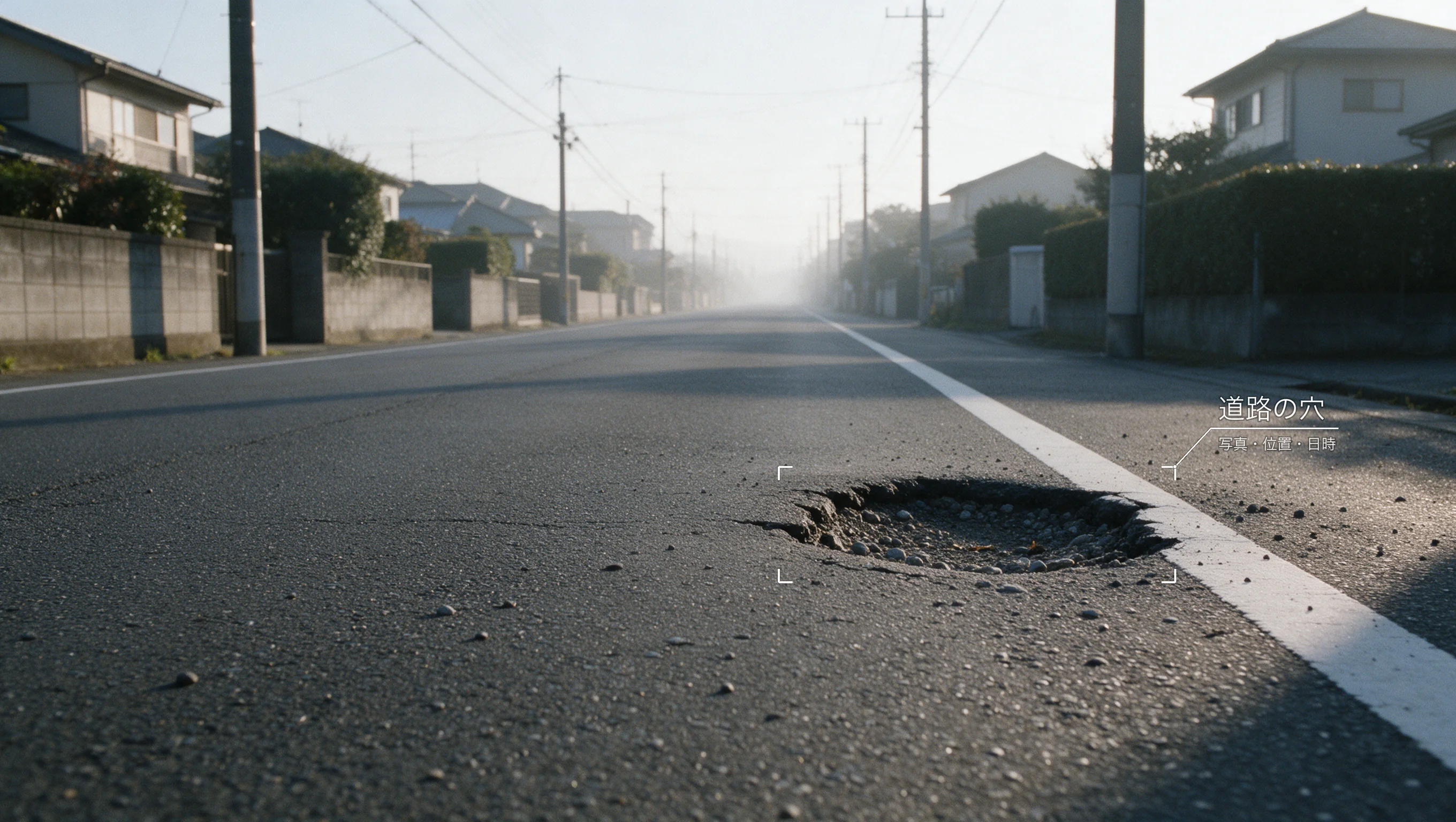 朝の住宅街の道路にできた穴を、設計図のような白い線で囲み「道路の穴　写真・位置・日時を記録」と添えた写真（イメージ）