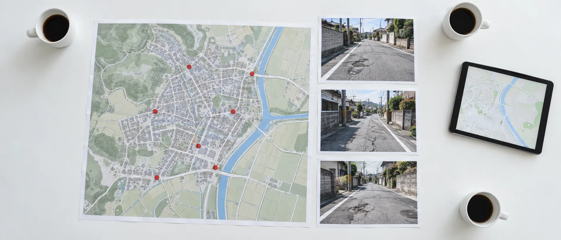 白い机の上に、赤い印を付けた町の地図と、道路の穴を写した写真、コーヒーカップが置かれている。何人かで見つけた物を持ち寄った後の様子（イメージ）