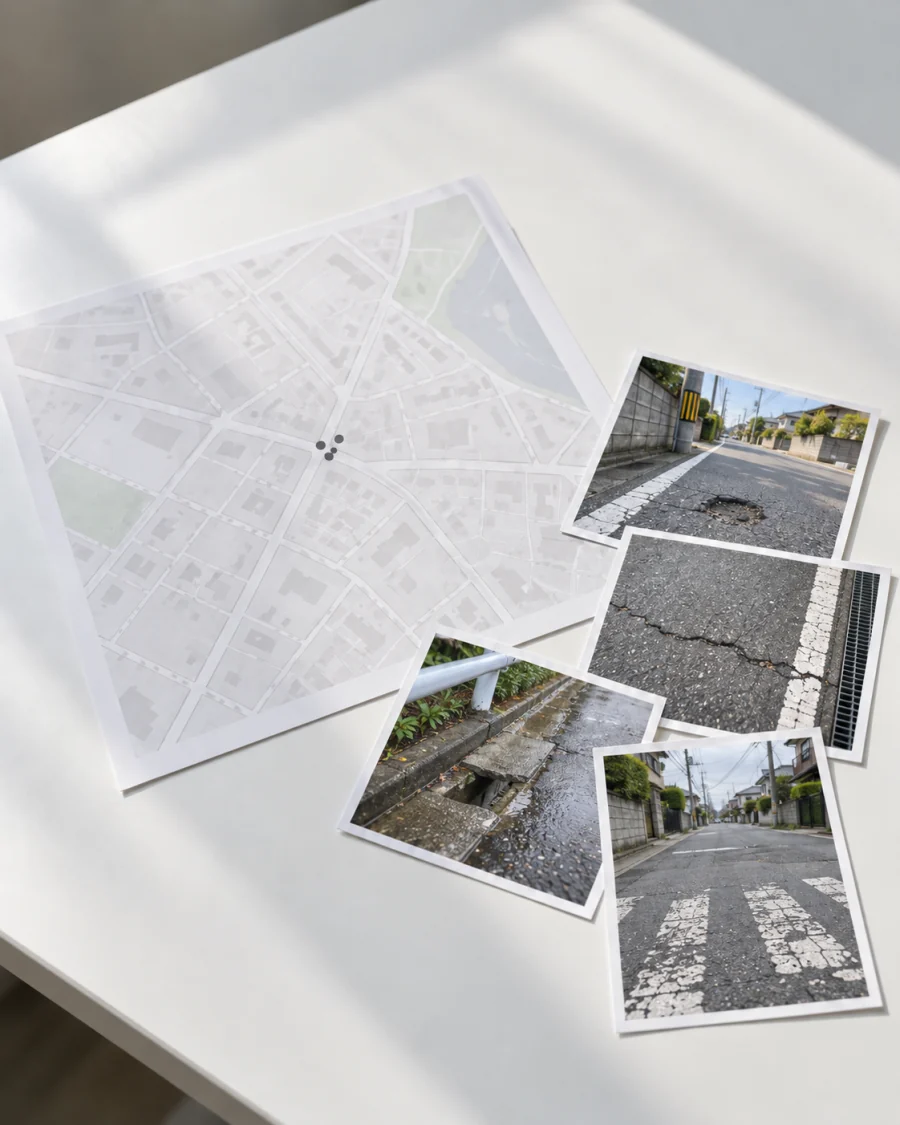 白い机の上に、一つの交差点に印が集まった町の地図と、別々の人が撮った4枚の道路の写真（アスファルトの穴、路面のひび割れ、側溝の蓋の欠け、消えかけた横断歩道）が並んでいる（イメージ）