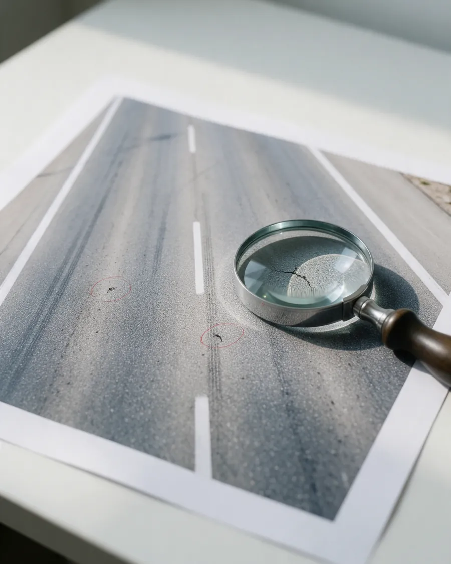 白い机の上の、道路を真上から写した大きな写真。ルーペが路面の細いひび割れを拡大し、他の小さな損傷も赤い線で囲まれている（イメージ）